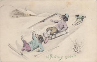 Dogs, sledging, New Year greeting card