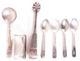 5db, Hanseat 90 jelzésű, ezüst (Ag) kiskanál, valamint egy ezüstözött cukorcsipesz és egy ezüstözött szalvétagyűrű /  4 silver tea and coffee spoons, a silver plated sugar tong and a napkin ring, 69,2gr (kiskanalak/spoons)