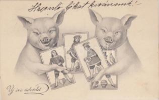 Hungarian playing card, pigs, New Year greeting card (EK)