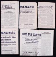 5db 1956-os újság a forradalom híreivel: Magyar Függetlenség okt. 31., Népszabadság nov.3, nov. 2., nov. 20., Népszava okt.31.