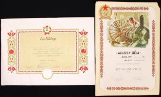 Műbőr oklevéltartó Kádár címerrel papír tokban, új állapotban (23x33cm)+ 2db oklevél a szocializmus időszakából: sztahanovista oklevél; emléklap a 10000. dömper elkészítése alkalmából