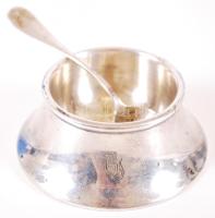 1872-1922 Ezüst (Ag) fűszertartó 800-as pesti tisztaságjelzéssel, "GJ" monogrammal, és egy ugyancsak 800-as finomságú, bécsi jelzésű ezüst (Ag) kiskanál /  Silver salt and silver spoon with 800 fineness hallmarks of the Austro-Hungarian Monarchy, 47,2gr + 4,9gr