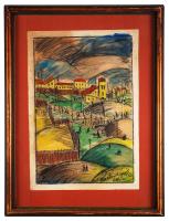 Farkasházy Miklós (1895-1964): Úton a gyárba. Grafit, kréta, akvarell, papír, jelzett, üvegezett keretben, 43x32cm