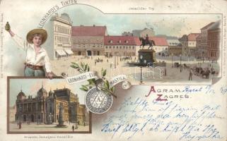 1899 Zagreb, Croatian National Theatre, Jelacic square, Leonhardi´s Ink litho (EK)