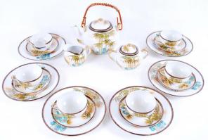 Kínai teás készlet, jelzett, kézzel festett, aranyozott, 6 személyes, az egyik sérült/ Chinese tea s...