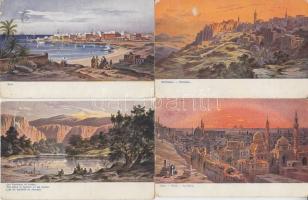 5 db művészi Közel-Kelet grafikai lap (Jordan, Betlehem, Suez, Balbek, Cairo) pinx. Perlberg / 5 art postcards from the Middle East, pinx. Perlberg