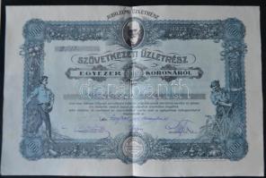 Czegléd 1923. "Hangya Fogyasztási és Értékesítő Szövetkezet" Szövetkezeti üzletrész 1000K-ról szelvényekkel T:II-