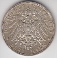 Német Államok / Hamburg 1909J 3M Ag "Címer oroszlánokkal / Koronás birodalmi sas" (16.64g) T:2 German States / Hamburg 1909J 3 Marks Ag "Helmeted arms with lion supporters / Crowned imperial eagle" (16.64g) C:XF