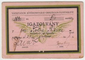 1927 Vasutasok Jótékonysági Országos Egyesülete igazolvány