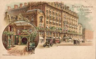 London, First Avenue Hotel, Entrance Hall, automobiles. litho