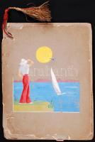1932 Saját készítésű, fűzött, illusztrált album egy balatoni nyaralás emlékére: 7db fotó és egy fotómontázs