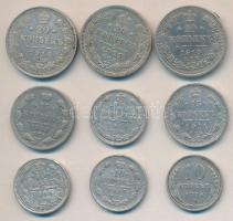 Cári Oroszország 1907. 10k Ag + 1909. 10k Ag + 1911. 10k Ag + 1925. 10k Ag + 1902. 15k Ag + 1914. 15k Ag + 1872. 20k Ag + 1910. 20k Ag + 1914. 20k Ag T:2,2- Russia/Empire 1907. 10 Kopeks Ag + 1909. 10 Kopeks Ag + 1911. 10 Kopeks Ag + 1925. 10 Kopeks Ag + 1902. 15 Kopeks Ag + 1914. 15 Kopeks Ag + 1872. 20 Kopeks Ag + 1910. 20 Kopeks Ag + 1914. 20 Kopeks Ag T:XF,VF