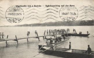 Soldiers, makeshift bridge over the Sava river