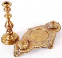 cca 1900 Jelzett, réz szombati gyertyatartó, és egy díszes bronz tinta- és tolltartó fújtüveg betétt...