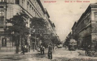 Budapest IX. Üllői út, Makó Mihály üzlete, Kilár János vendéglője, Calvin Kávéház, villamos