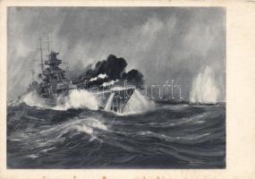 German battleship Scharnhorst, English battleship Renown, artist signed (fl)