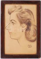 Olvashatatlan jelzéssel: Női fej. Vegyes technika, papír, üvegezett keretben, 29×20 cm