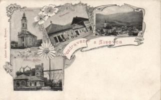 Tiszolc, iron works, shop of Albert Kohn, square, Evangelist church, Art Nouveau (EK)