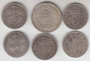 Nagy-Britannia 1901-1918. 3P Ag (5x) + Hollandia 1941. 25C Ag T:vegyes Great Britain 1901-1918. 3 Pence Ag (5x) + Netherlands 1941. 25 Cents Ag C:Mixed