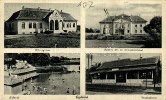 Gyömrő, Főbírói hivatal országzászlóval, Tófürdő, Községháza, Vasútállomás