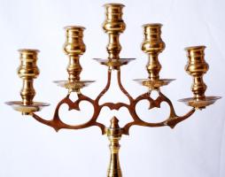 Ötágú modern gyertyatartó, réz, jó állapotban, m:38 cm /Brass candlestick