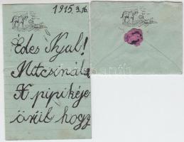 1915 7 x 5,5 cm illusztrált boríték és levélpapír