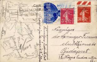 1938 Labdarúgó világbajnokság képeslapja levélzáróval, a magyar csapat tagjainak aláírásával Dr. Springer Ferencnek, az FTC ügyvezető elnökének Budapestre / Fußball -WM-AK mit Vignette, Unterschriften von ungarischen Fußballspielern aus Paris nach Ungarn