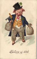 New Year, pig with money, litho