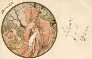 Hónapok sorozat, 12 db színes Litho lap / Monaten Serie von 12 color Litho Karten, Sign:Mucha