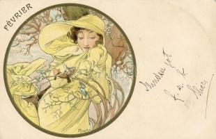 Hónapok sorozat, 12 db színes Litho lap / Monaten Serie von 12 color Litho Karten, Sign:Mucha