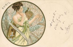 Hónapok sorozat, 12 db színes Litho lap / Monaten Serie von 12 color Litho Karten, Sign:Mucha
