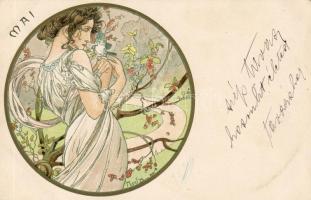 Hónapok sorozat, 12 db színes Litho lap / Monaten Serie von 12 color Litho Karten, Sign:Mucha