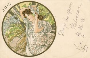 Hónapok sorozat, 12 db színes Litho lap / Monaten Serie von 12 color Litho Karten, Sign:Mucha