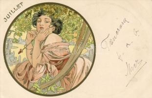 Hónapok sorozat, 12 db színes Litho lap / Monaten Serie von 12 color Litho Karten, Sign:Mucha