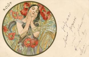 Hónapok sorozat, 12 db színes Litho lap / Monaten Serie von 12 color Litho Karten, Sign:Mucha