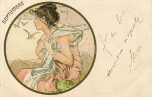 Hónapok sorozat, 12 db színes Litho lap / Monaten Serie von 12 color Litho Karten, Sign:Mucha