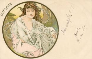 Hónapok sorozat, 12 db színes Litho lap / Monaten Serie von 12 color Litho Karten, Sign:Mucha