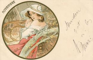 Hónapok sorozat, 12 db színes Litho lap / Monaten Serie von 12 color Litho Karten, Sign:Mucha