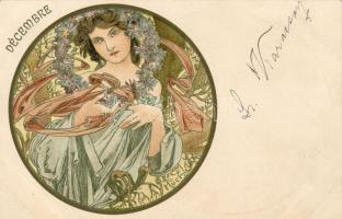 Hónapok sorozat, 12 db színes Litho lap / Monaten Serie von 12 color Litho Karten, Sign:Mucha