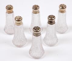 6db metszett üveg sótartó, jelzett, sterling ezüst (Ag) fejjel / 
Vintage glass salts with sterling ...