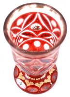 Cca XIX. sz. végi rubinvörös pohár, többrétegű, kézzel festett, hámozott, csiszolt, hibátlan, kopott...