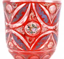 Cca XIX. sz. végi rubinvörös pohár, többrétegű, kézzel festett, hámozott, csiszolt, hibátlan, kopott...