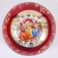 Régi, matricás jelenettel díszített, részben kézzel festett, aranyozott ékszeres dobozka /  Vintage jewellery box with idyllic scene and gold plating, 7x5cm