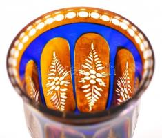 Antik kobalt kék és mangán sárga díszpohár, többrétegű, hámozott, csiszolt, hibátlan, m:11 cm / Anti...