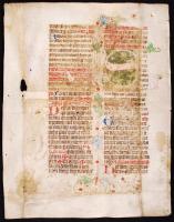 cca 1420 Missale-töredék. Hártya folio két hasábban barna csertintás gótikus könyvírással (textura quadrata). Rectóján (előoldalán) vörös-kék, versóján (hátoldalán) vörös-kék-zöld díszítéssel. Később kettébe hajtva egy későbbi könyv borítására használtak. Vörös és kék iniciálékkal. A szertartás végrehajtására vonatkozó gyakorlati utasításokkal. Az „S” iniciálé bal oldalán keresztben újkori szöveg tájékoztat az őrzőkönyv funkciójáról. A töredék jól keltezhető, minden valószínűség szerint egy 1420 körül másolt misekönyv egy levele, a középkori Magyarországról. Modern félbőr védőtokban / cca 1420 Fragment of a Missale codex, made probably in Bratislava. Later used as cover for a book. Nice hand drawn iniciales, 31x40,2cm