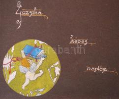 1937 Házilag készített gyermekfotóalbum rengeteg festett képecskével és versikével díszítve, 35db fo...