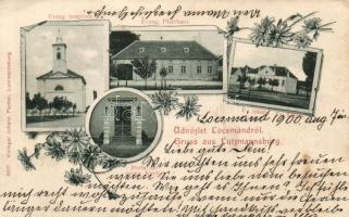 Locsmánd, Lutzmannsburg; Evangelist church, school, parsonage; floral