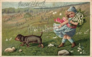 Girl with dog, meadow, litho