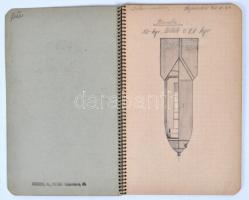 1940 Kézzel írt és rajzokkal illusztrált jegyzetfüzet a különböző bombák szerkezetéről, a robbanóany...