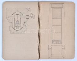 1940 Kézzel írt és rajzokkal illusztrált jegyzetfüzet a különböző bombák szerkezetéről, a robbanóany...